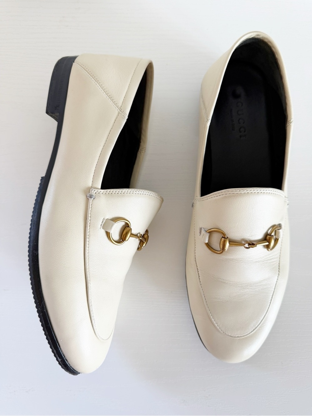 Gucci Brixton Cream White Leather Horsebit Loafers Size EU 37